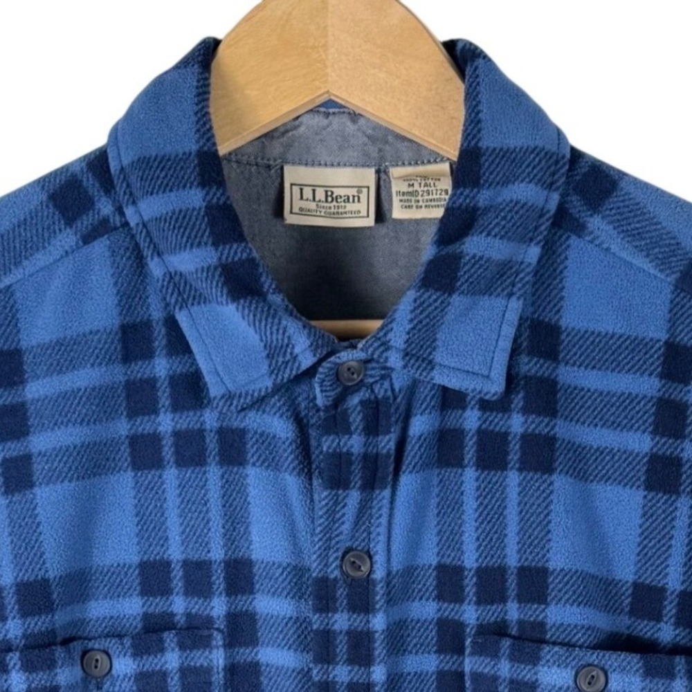 LL Bean Plaid Fleece Button Up Shirt Mens M Tall Blue D291729